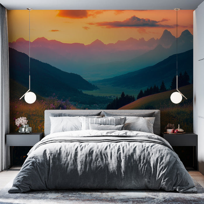 Mural Wallpaper mountain landscape | Winding path through a colorful valley at sunset