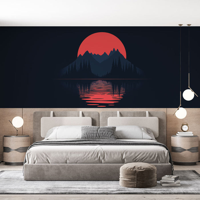 Falfestmény hegyi táj | Naplemente vörös és kék árnyalatokban