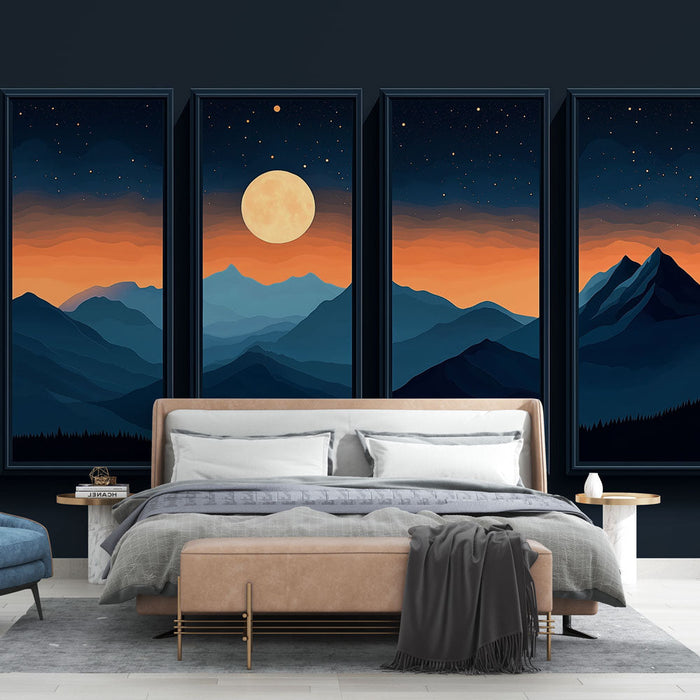 Falfestmény hegyi táj | Naplemente és telihold a fenséges csúcsok felett