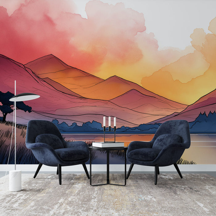 Tapeta krajiny hor | Západ slunce na teplých horách