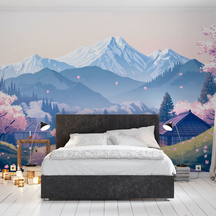 Fotótapéta tájkép heggyel | Naplemente hófödte hegyek és virágzó cseresznyefák között