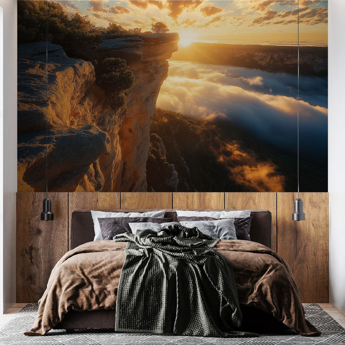 Carta da parati paesaggio montano | Luce del sole su una cima rocciosa sopra le nuvole