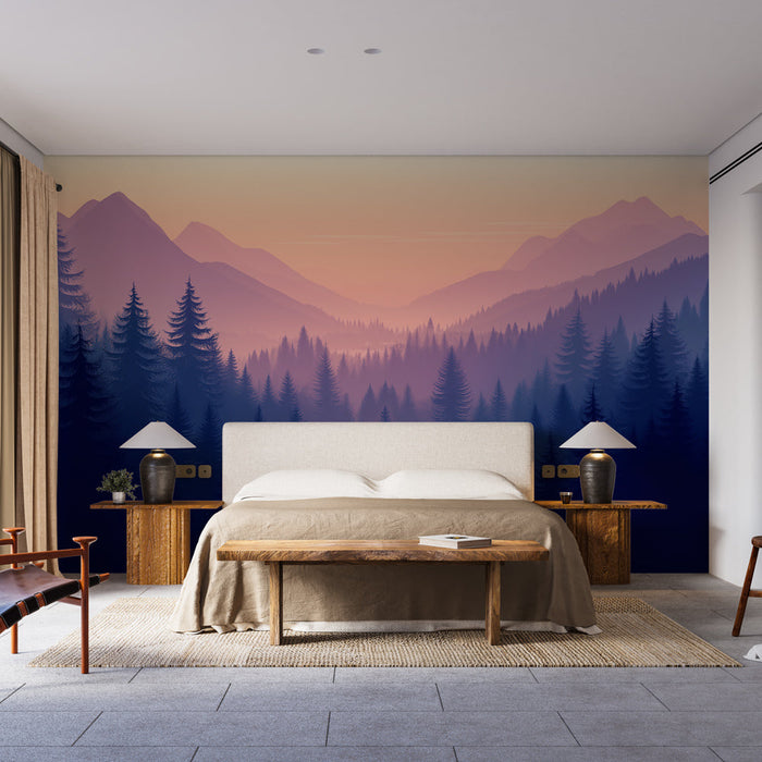 Papel de parede montanha paisagem | Floresta densa ao pôr do sol