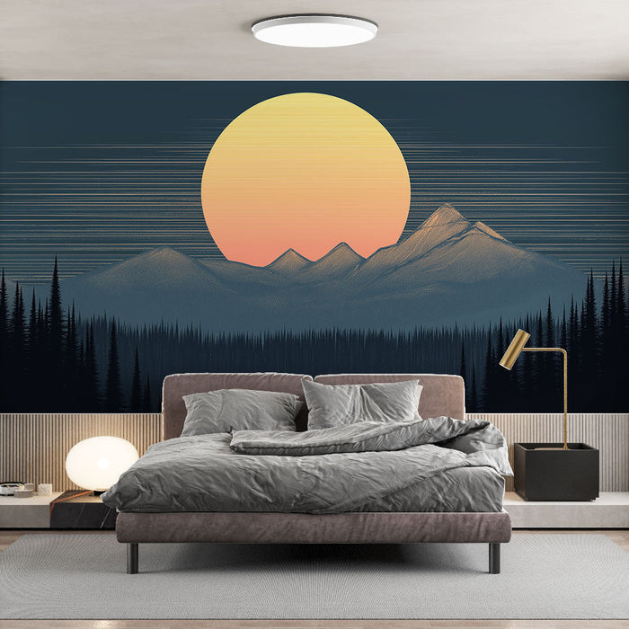 Papel de parede mural paisagem de montanha | Nascer do sol vibrante sobre montanhas e florestas