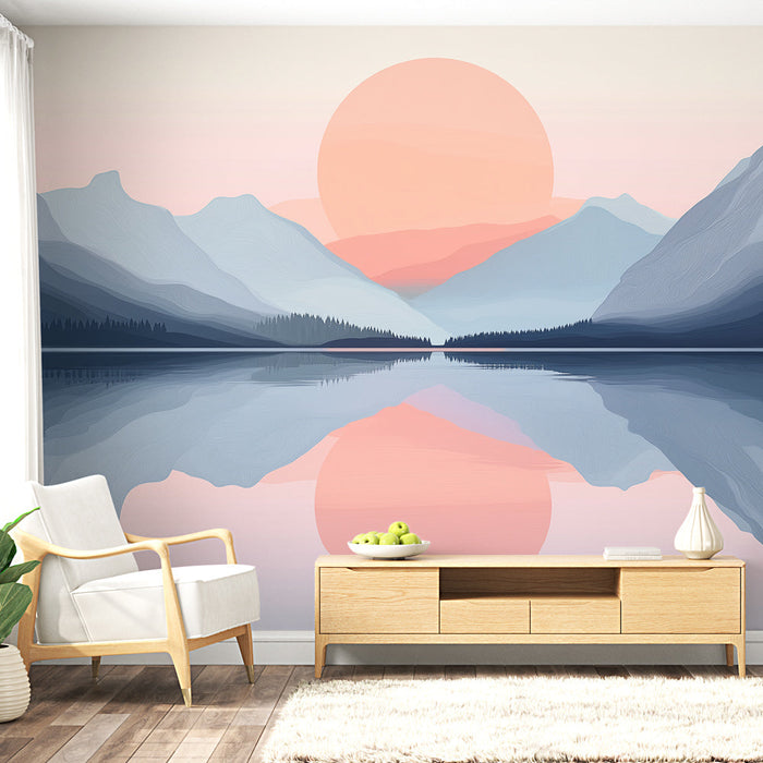 Falikép hegyi táj | Gyengéd hegyek pasztell naplementével és vízben tükröződéssel