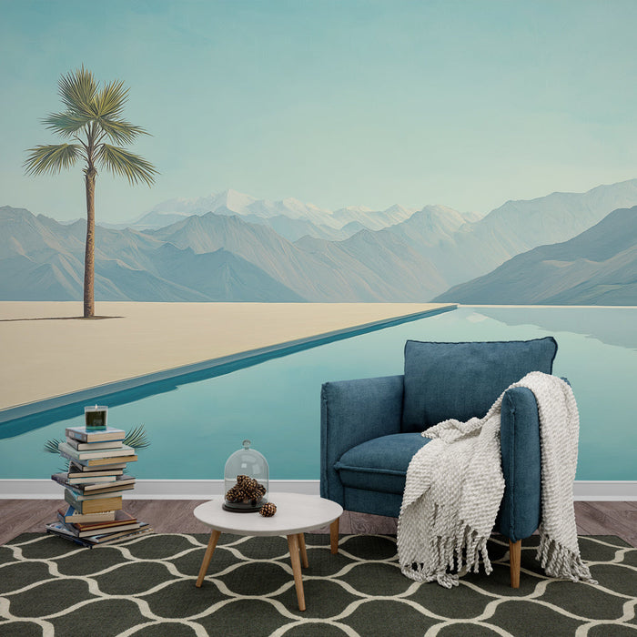 Tapete пейзаж от планини | Палмови дървета и ярки отражения от басейн