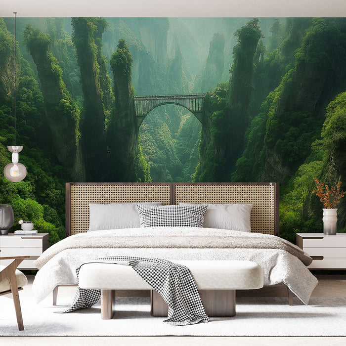 Papel pintado paisaje de montaña | Escena de desfiladeros frondosos con un majestuoso puente