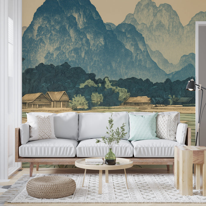 Falfestmény hegyi táj | Természetes jelenet faházakkal és rizsföldekkel