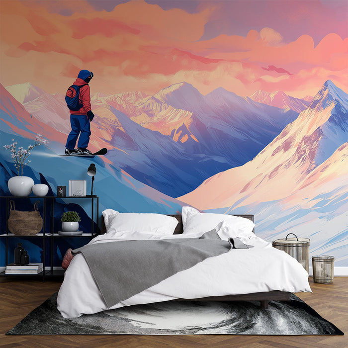 Tapete Berglandschaft | Ein Snowboarder betrachtet die verschneiten Gipfel bei Sonnenuntergang