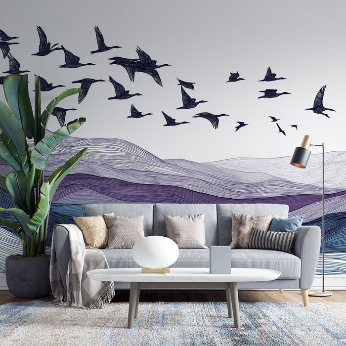 Tapeta s krajinou hor a ptáků | Ptáci na pozadí hor s tekoucími liniemi