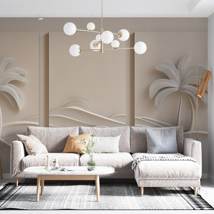 Mural Wallpaper palm tree landscape imitation painting | Elegant embossed composition with palm trees and stylized waves