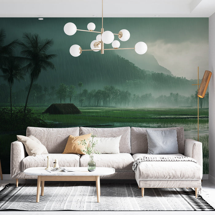 Фототапет дъждовен пейзаж | Сцена на оризови полета под тропически дъжд