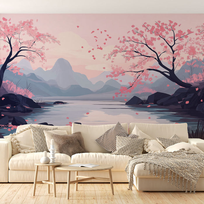 Fototapet landskab af forår | En fredelig sø omgivet af blomstrende lyserøde kirsebærblomster