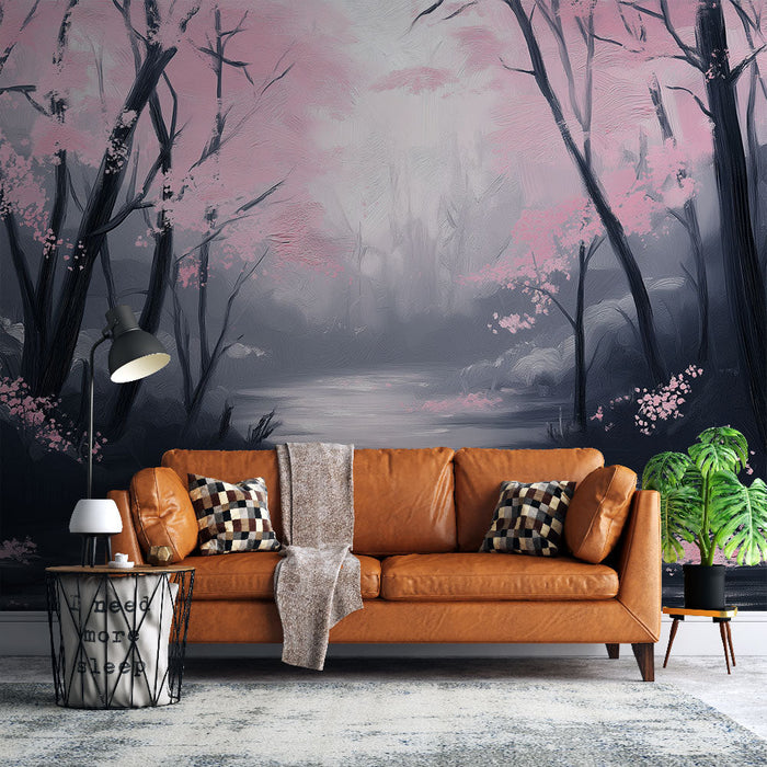 Fototapet nehir manzarası | Pembe çiçekli ağaçlarla çevrili sakin bir nehir