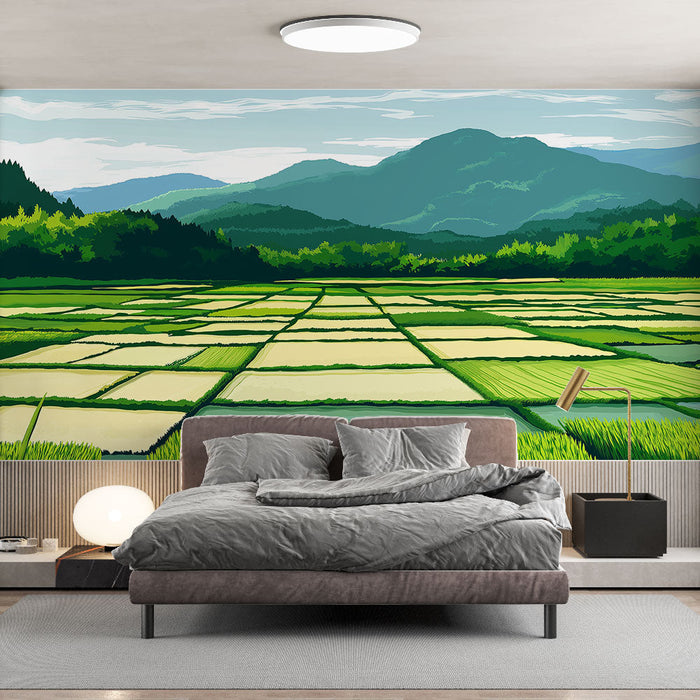 Mural Wallpaper Rice Field Landscape | Field of Green Rice Fields Under a Peaceful Sky
