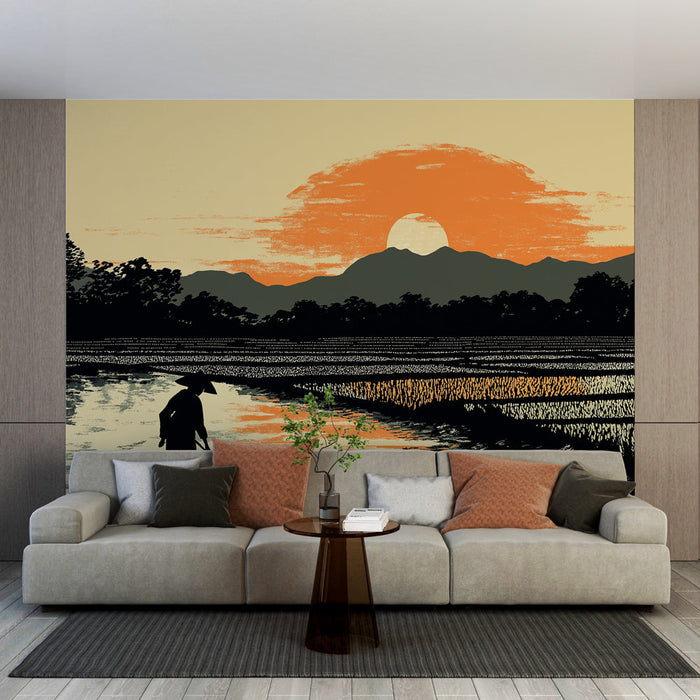 Tapet Peisaj cu Câmp de Orez | Siluetă de Fermier la Apus