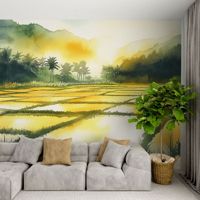 Tapetti maisema riisipelloista | Riisipeltojen kultainen lämpö auringon alla