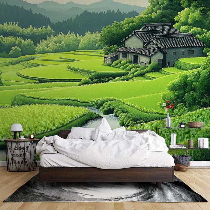 Tapeta pejzaža rižinih polja | Umirujući prizor bujnih zelenih rižinih polja i tradicionalne kuće