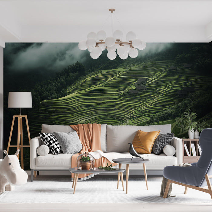 Fototapet landskap av rismarker | Terrassert jordbruksland under en tåkete himmel