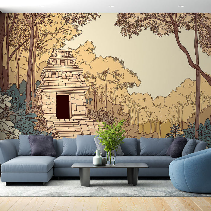 Tapeta pejzażowa z ruinami | Starożytny świątynia otoczona tropikalną roślinnością