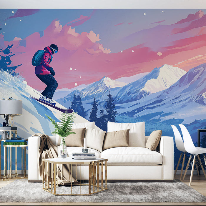 Papel pintado paisaje de esquí | Una magnífica exhibición de montañas cubiertas de nieve al atardecer