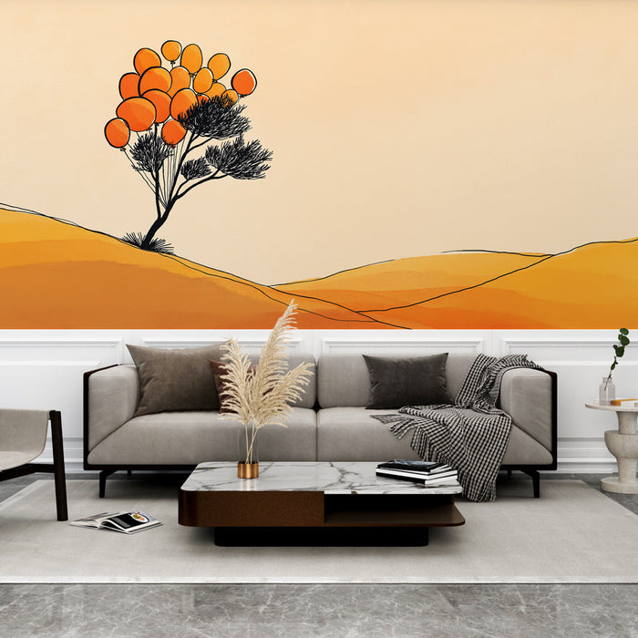 Tapeta z pustynnym pejzażem | Stylizowane drzewo z pomarańczowymi balonami i piaskowymi falami