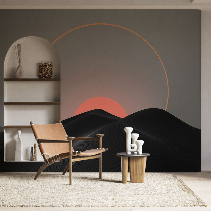 Fototapet ørkenlandskab | Sorte klitter og pastelfarvet solnedgang