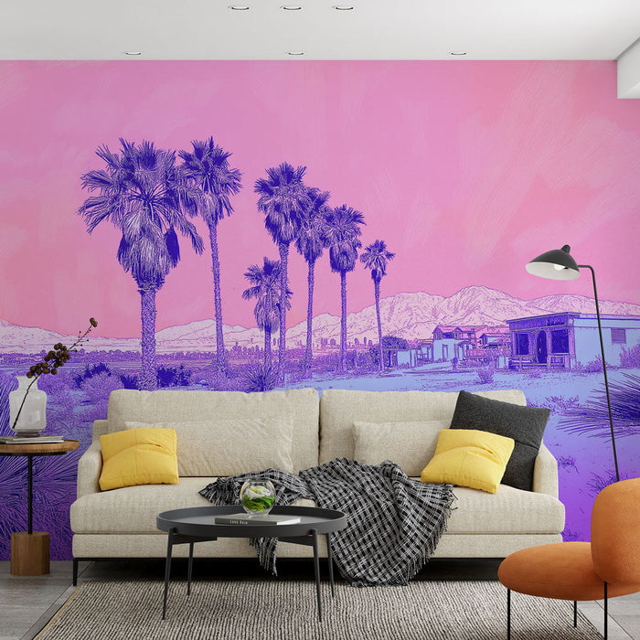 Papel pintado paisaje desértico | Palmas y montañas bajo un cielo rosa pastel