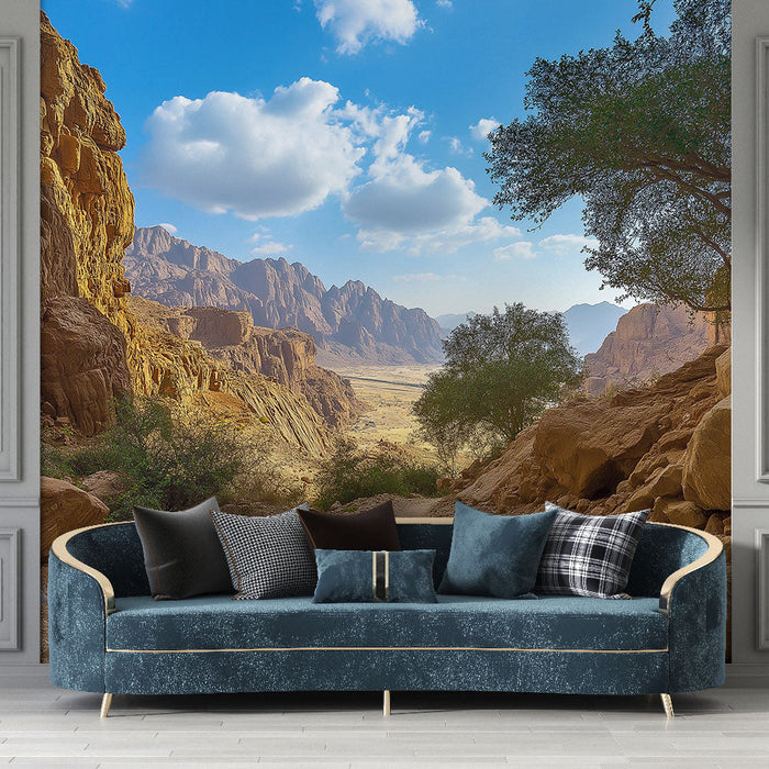 Papel pintado paisaje desértico | Camino entre rocas y montañas