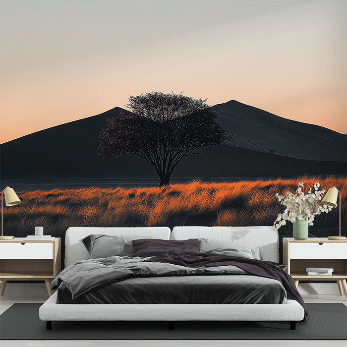 Mural Wallpaper desert landscape | Silhouettes of a tree and dunes at sunset