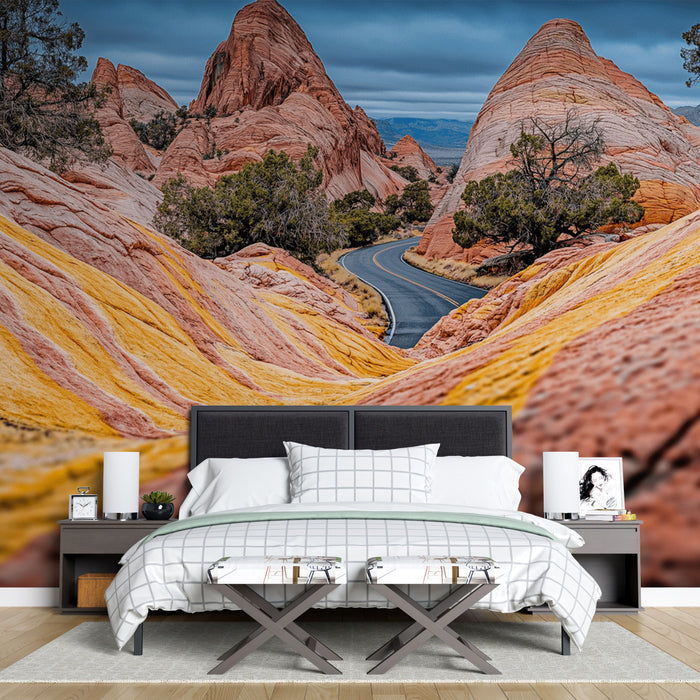 Papel pintado paisaje desértico | Telas naturales y formas onduladas en tonos cálidos