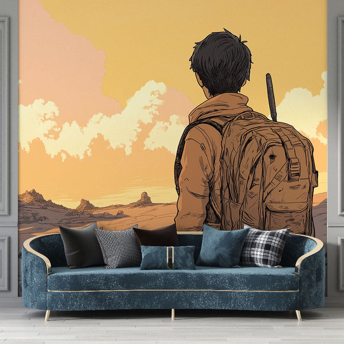 Tapetti autiomaan maisema | Lapsi pohtimassa raunioita auringonlaskun aikaan