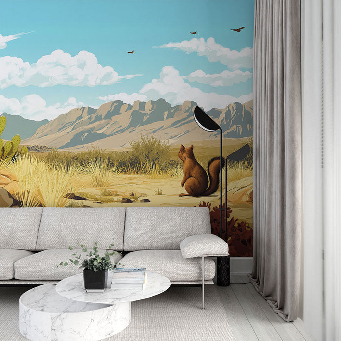 Tapeta krajobraz pustynny | Spokojna scena z kaktusami i górami