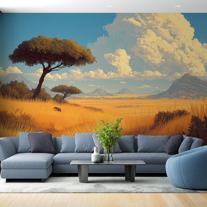 Fototapet ørkenlandskab | Store gyldne prærier og fjerne bjerge