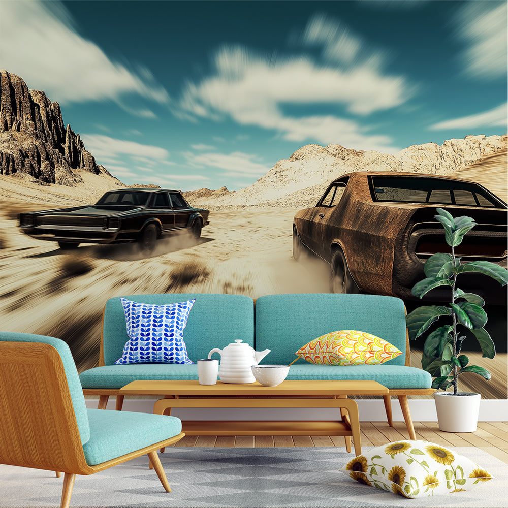 Mural Wallpaper desert landscape | Vintage cars racing in an arid land ...