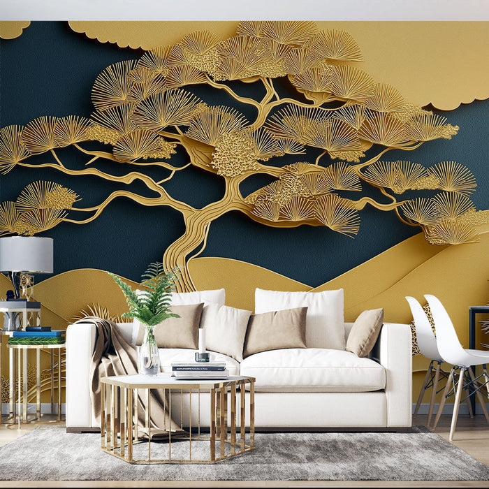 Freska ozadje zlata pokrajina | Stilizirano drevo in naravni zlati reliefi
