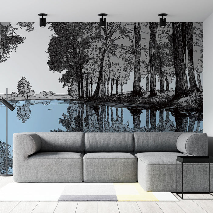 Tapete пейзаж в черно и бяло | Отражение на спокоен пейзаж с дървета и вода