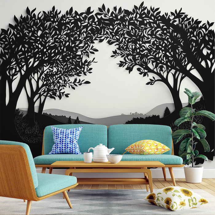 Пейзаж на тапет в сянка | Силует на елегантни дървета и хълмове