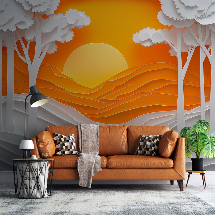 Tapeta krajobrazowa na papierze | Scena zachodu słońca z stylizowanymi drzewami