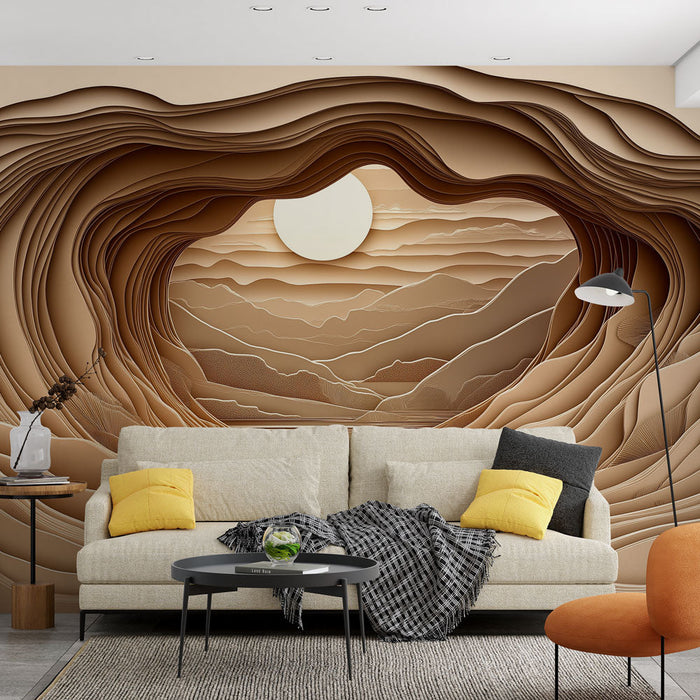 Tapete Landschaft in Relief | Geschichtete Ansichten in Beigetönen mit Sonne