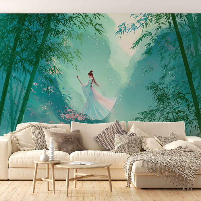 Tapeta z malowniczym pejzażem | Kobieta grająca na instrumencie w bambusowym lesie