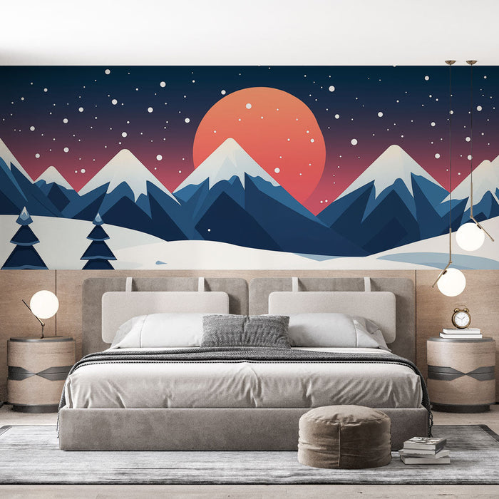 Papel pintado paisaje nevado | Montañas majestuosas bajo un atardecer vibrante