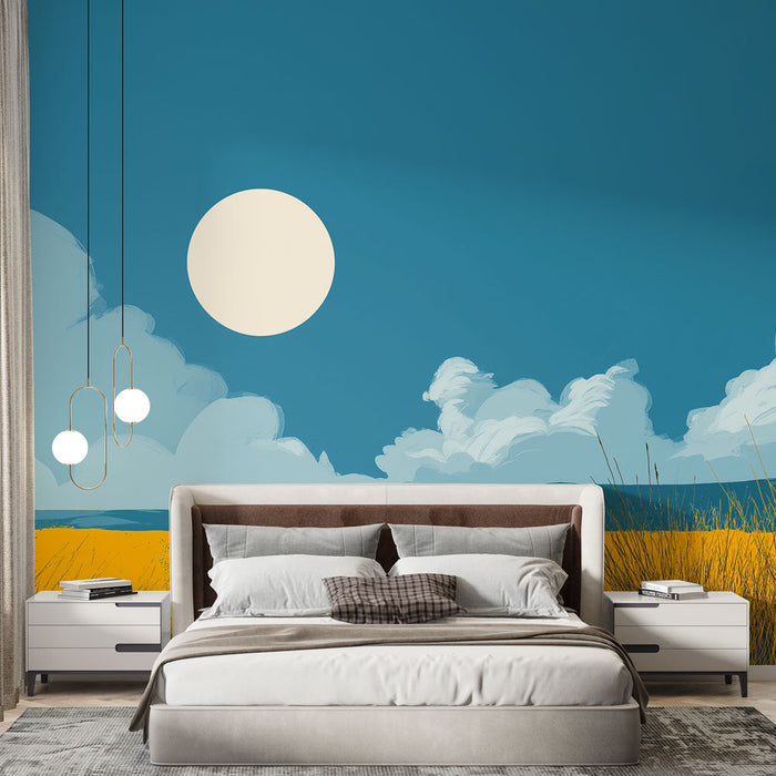 Carta da parati paesaggio soleggiato | Campi dorati sotto un cielo blu brillante