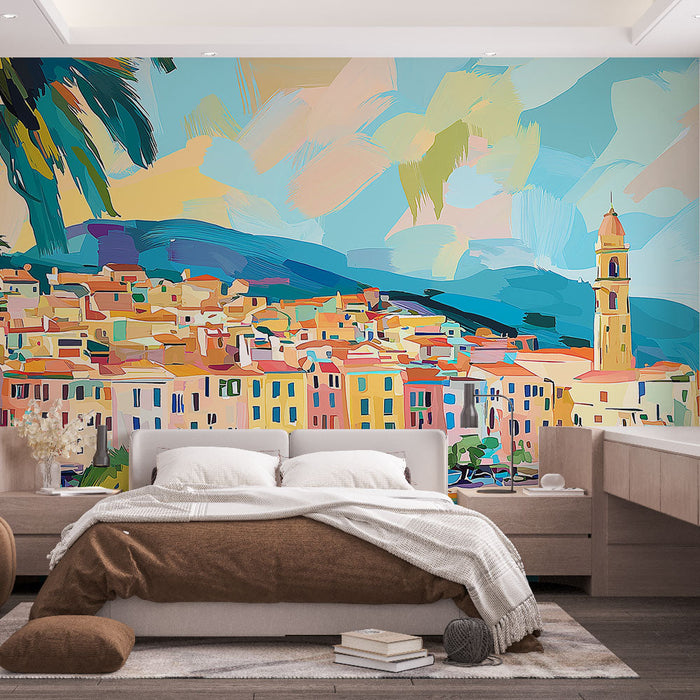 Ταπετσαρία τοιχογραφίας ηλιόλουστο τοπίο | Πολύχρωμο Χωριό δίπλα στη Θάλασσα