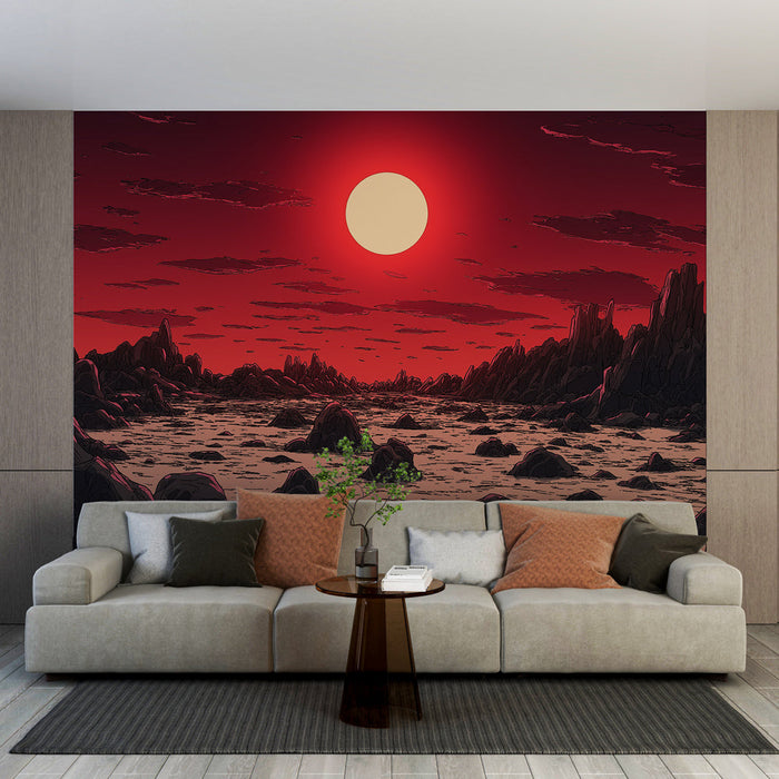 Tapetti alien-landscape | Punainen auringonlasku autiomaailmassa