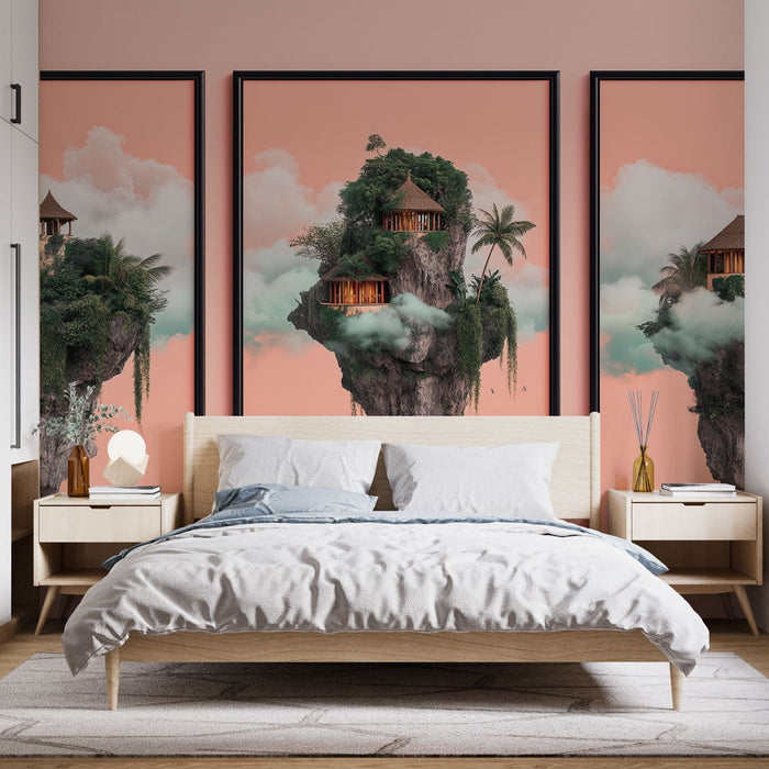 Fotótapéta fantasztikus tájkép | Úszó szigetek trópusi házakkal és puha felhőkkel