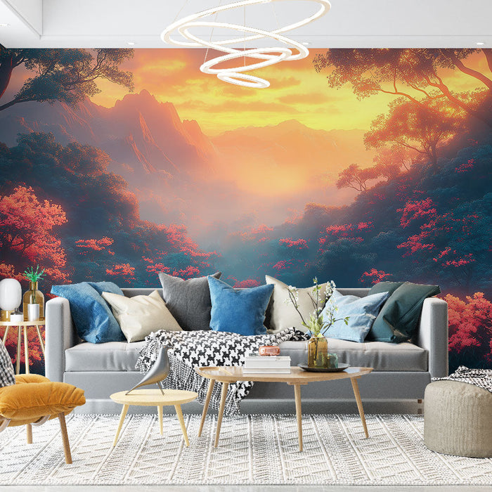 Tapet peisaj de poveste | Vale încântată cu flori de primăvară și ceață mistică