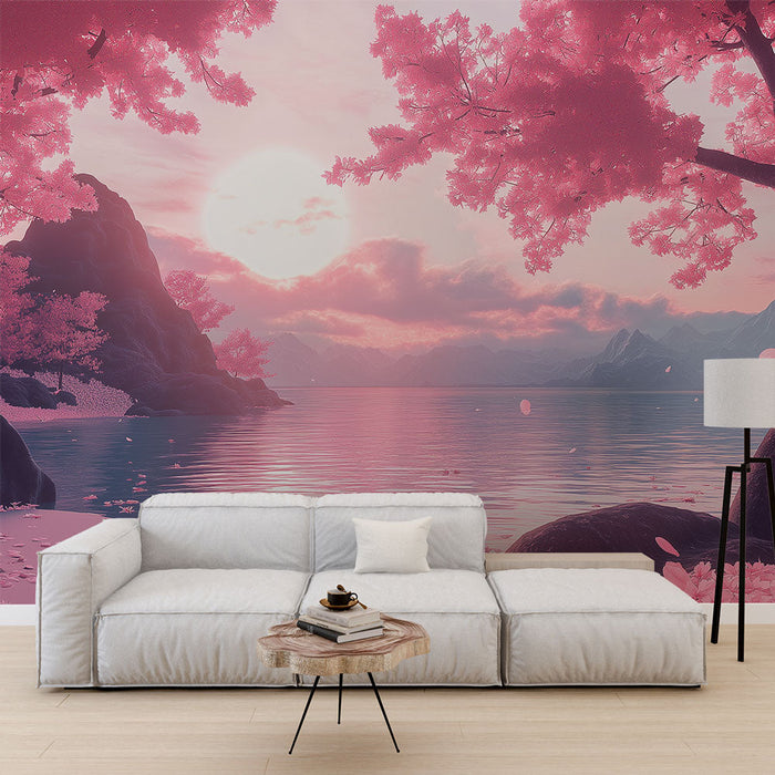 Papel de parede mural paisagem floral | Pôr do sol sobre um lago com cerejeiras em flor