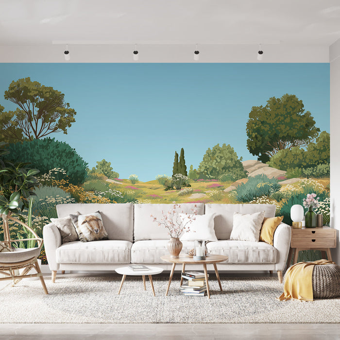 Tapetti kukkainen maisema | Värikäs kukkakenttä sinisen taivaan alla