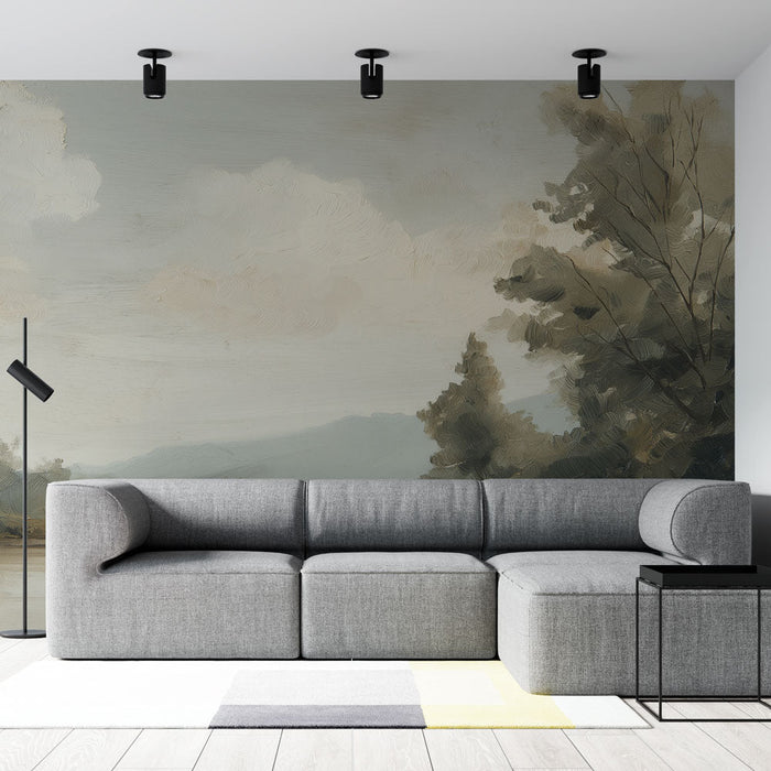 Tapet peisaj râu | Peisaj liniștitor cu râu, copaci și munți în fundal